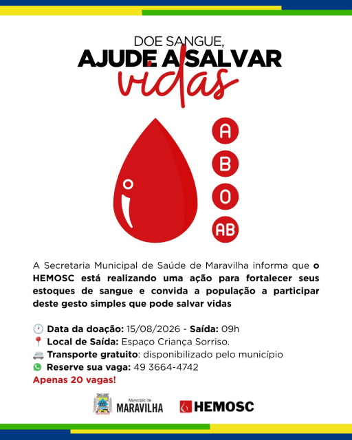 Saúde de Maravilha disponibiliza vagas para levar doadores de sangue ao HEMOSC